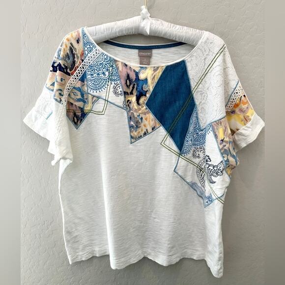 CHICO'S | White Boho Patchwork Detail Bateau Neck Short Sleeve Tee | XL - Picture 3 of 9